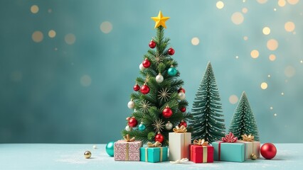 A decorated Christmas tree with presents in front of a blue background with warm bokeh lights. Festive Christmas background
