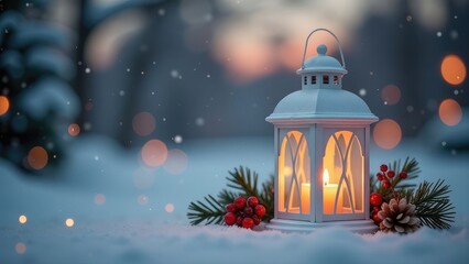 A white lantern with a candle on the snow with red berries and a pine cone, with warm bokeh lights and falling snow in the background. Festive Christmas background
