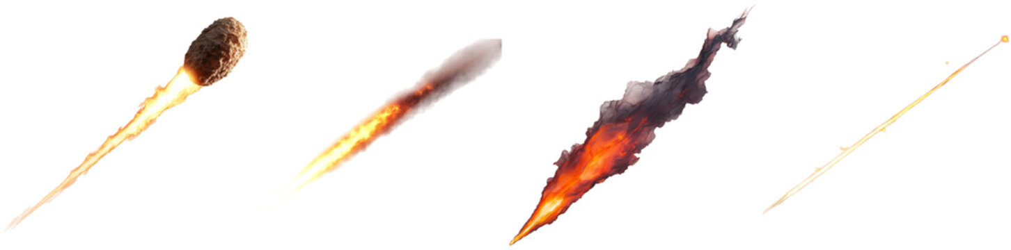 This artwork features four types of fire projectiles with distinct shapes and fiery trails. Each projectile showcases unique characteristics, highlighting their dynamic movement and intensity