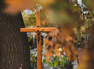 Cross in a Cemetery During All Saints' Day in Autumn in Poland
