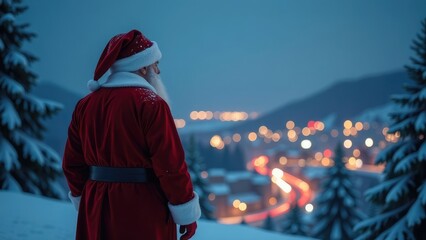 Santa Claus in a classic red suit, stands in snowy terrain against a backdrop of a glowing, distant winter town, looking out towards the crescent moon and falling snowflakes. 