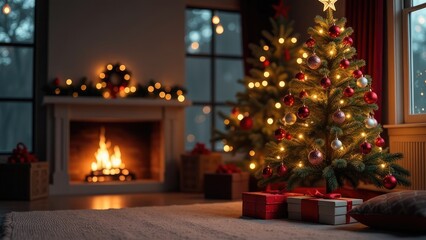 A cozy living room is lit by a roaring fireplace and a beautifully decorated Christmas tree, with presents waiting underneath and a festive wreath hanging on the mantle. Festive Christmas background