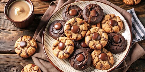 Fototapeta premium A close-up of a plate of homemade chocolate chip cookies with a cup of coffee on a rustic wooden surface