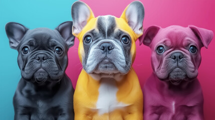 Three French bulldog puppies in bright yellow, pink, and black outfits, stylish dog portrait 
