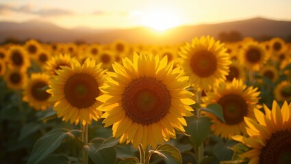 Obraz premium Vibrant sunflower field basking in sunlight symbolizing growth and vitality