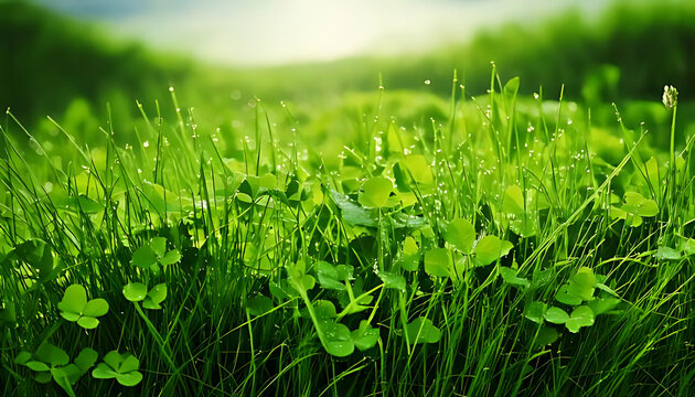 dewy fields clover shamrocks create serene natural scene lush green grass subtle grass textures