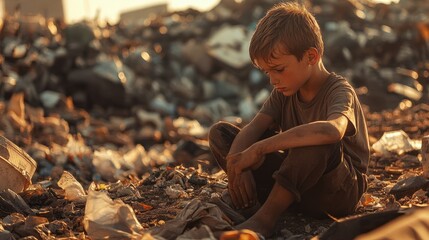 A concerned-looking boy sits on the ground in a landfill, highlighting issues of poverty and waste