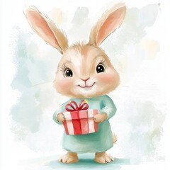 A smiling bunny holding a birthday present clipart, cute animal character, Digital clipart with oil painting texture, isolated on white background.