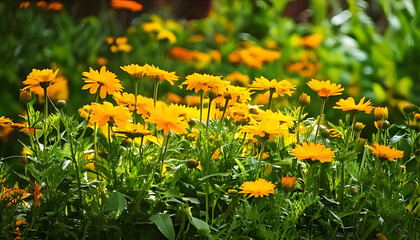 Obraz premium field marigold bright yellow flowers grows herb garden filled calendula arvensis blooms nearby