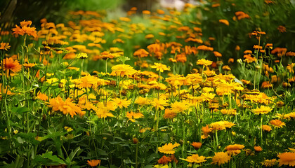 Obraz premium field marigold bright yellow flowers grows herb garden filled calendula arvensis blooms nearby