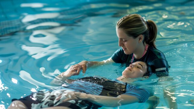 A physical therapist assisting a patient with aquatic therapy exercises in a therapeutic pool against a serene, aquatic background, macro shot