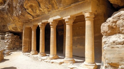 Ancient Rock-Cut Architecture with Columns in Desert