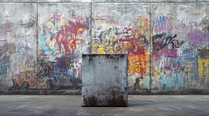 Fototapeta premium A gritty urban scene with a textured concrete wall adorned with vibrant graffiti, standing behind a weathered concrete podium, invoking a raw, street art atmosphere.