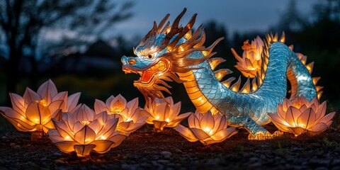 Obraz premium Illuminated Chinese lantern shaped as snake, surrounded by flying lotus petals