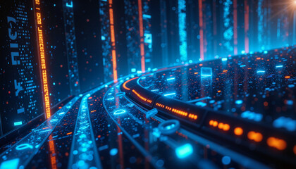 A vibrant digital landscape showcases glowing lines and data streams in shades of neon blue and orange, creating an immersive futuristic environment
