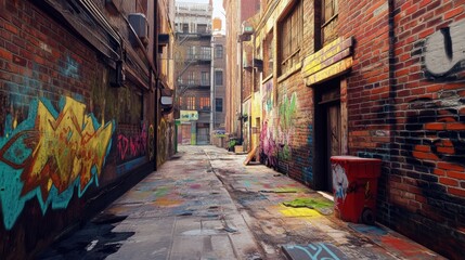 Fototapeta premium A narrow city alleyway with brightly colored graffiti art on the brick walls.