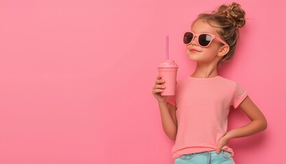 Girl in pink shirt and sunglasses, holding pink drink against pink background.