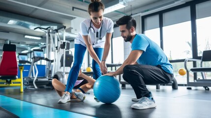 A physical therapist assisting a patient with sports injury rehabilitation exercises in a gym rehabilitation area against a dynamic, active background, macro shot