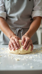 Fototapeta premium Baker Kneading Dough on Floured Surface in Baking Class