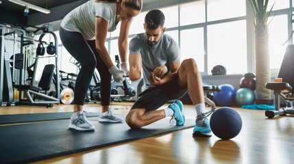 A physical therapist assisting a patient with sports injury rehabilitation exercises in a gym rehabilitation area against a dynamic, active background, macro shot