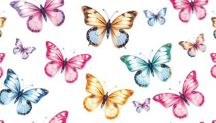 Seamless pattern of delicate watercolor butterflies on a white background. Cute watercolor butterflies in soft colors for design isolated with white highlights, png