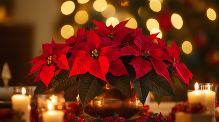 Red poinsettias with bokeh holiday lights in background