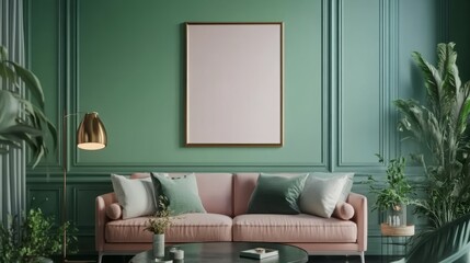 Elegant Interior Living Room with Green Walls and Cozy Pink Sofa