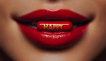 Fototapeta premium Close-Up of Woman's Mouth with Happy Pill and Red Lips