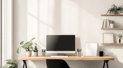 Modern Home Office with Computer and Shelving