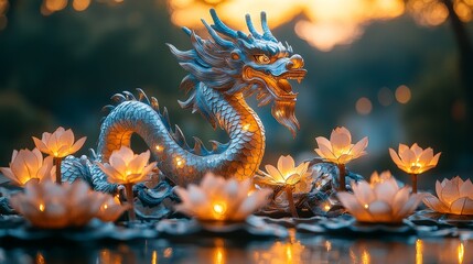 Fototapeta premium Illuminated Chinese lantern shaped as snake, surrounded by flying lotus petals