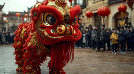 Fototapeta premium Traditional Chinese Lion Dance Celebrating Lunar New Year in Western City Streets