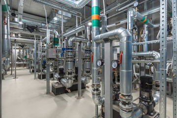 A complex network of pipes and valves is illuminated in a well-lit industrial space. Pumps and...