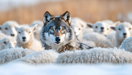 Obraz premium Wolf Among Sheep Showcasing Contrast and Camouflage