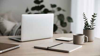 Fototapeta premium Minimalist Home Office Space with Laptop and Green Plants