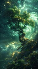 Naklejka premium Mystical Forest Landscape With Glowing Trees and Nebula Sky