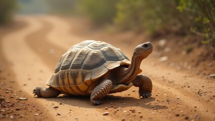 Fototapeta premium Majestic tortoise crossing dusty path embodying wisdom and patience