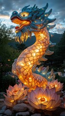 Fototapeta premium Illuminated Chinese lantern shaped as snake, surrounded by flying lotus petals