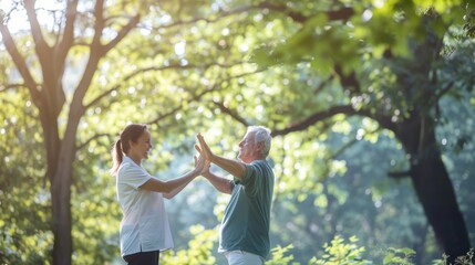 Naklejka premium A physical therapist guiding a patient through outdoor rehabilitation exercises in a peaceful park setting against a natural, serene background, macro shot