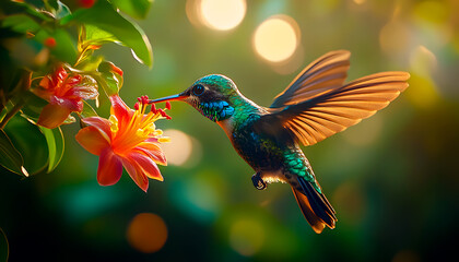 Fototapeta premium Vibrant Hummingbird Feeding on Bright Flowers in Nature