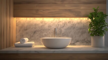 Minimalist bathroom with marble walls and wooden accents, modern sink setup, cozy warm lighting