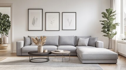Obraz premium Contemporary Living Room with Gray Sofa and Botanical Decor