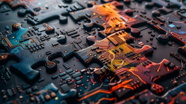 Intricate close up of puzzle pieces with circuit patterns symbolizing microservices integration