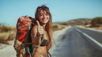 Travel smiling woman backpacking hitchhiking thumbs up by the road