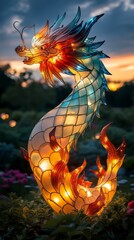 Illuminated Chinese lantern shaped as snake, surrounded by flying lotus petals