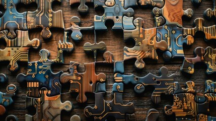 Realistic puzzle pieces with circuit patterns symbolizing microservices integration and cohesion