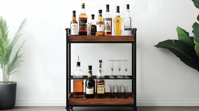 Rolling Bar Cart with Elegant Glasses | Mobile Beverage Stand, Cocktail Cart, Portable Drink Trolley