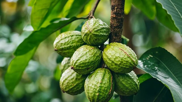 A cluster of green shea nuts hangs from a branch in a shea tree