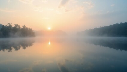 Obraz premium Tranquil lake at dawn fog lifting symbolizes peace and tranquility
