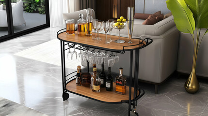 Rolling Bar Cart with Elegant Glasses | Mobile Beverage Stand, Cocktail Cart, Portable Drink Trolley