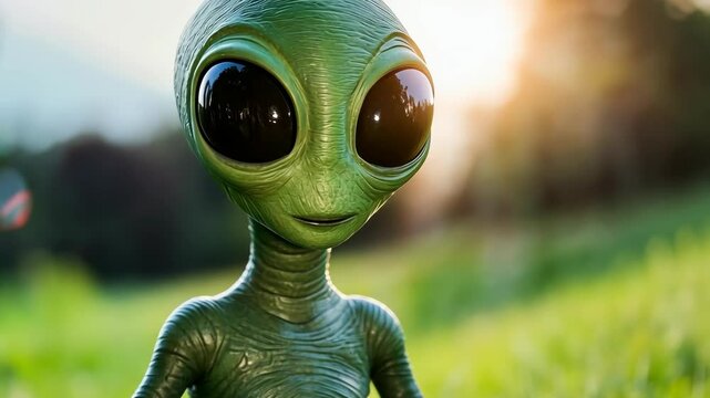 A green alien stands in a field of grass, looking directly at the camera with large, black eyes